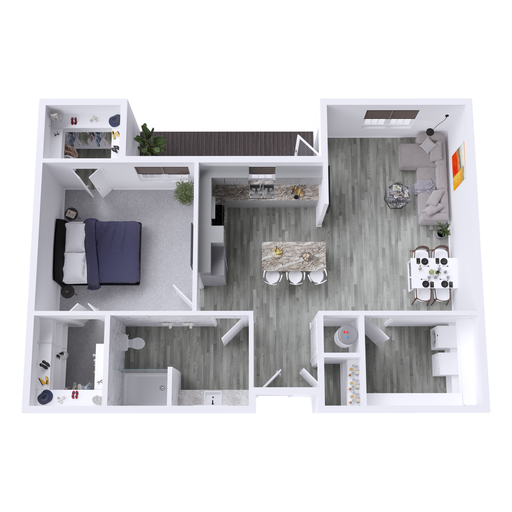 a 3d rendering of a two bedroom apartment at The Hudson Oaks
