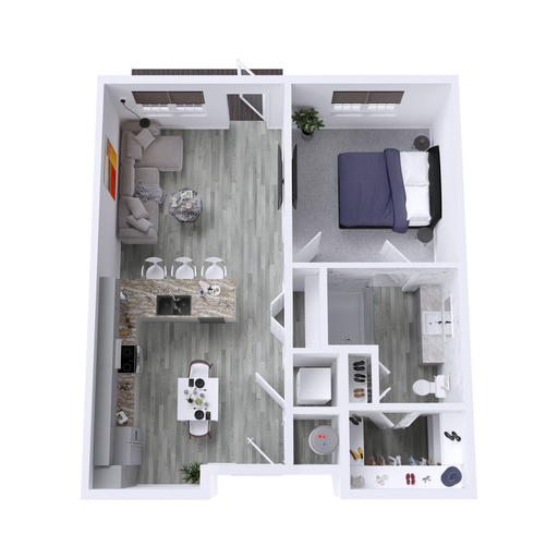 a 3d rendering of a two bedroom apartment at The Hudson Oaks