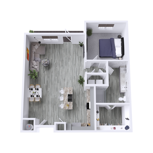 a 3d rendering of a two bedroom apartment at The Hudson Oaks