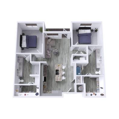 a 3d rendering of a two bedroom apartment at The Hudson Oaks