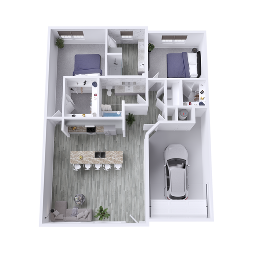 a 3d rendering of a two bedroom apartment at The Hudson Oaks